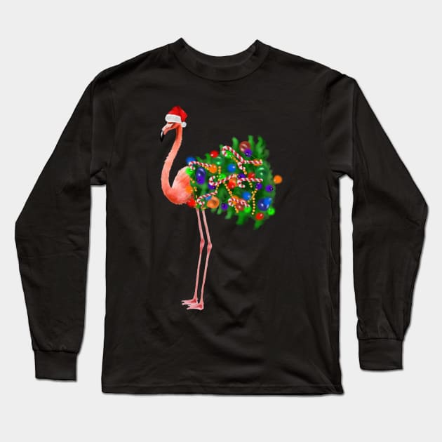 Flamingo Christmas Lights, Xmas Tree, Santa Hat Long Sleeve T-Shirt by dukito
